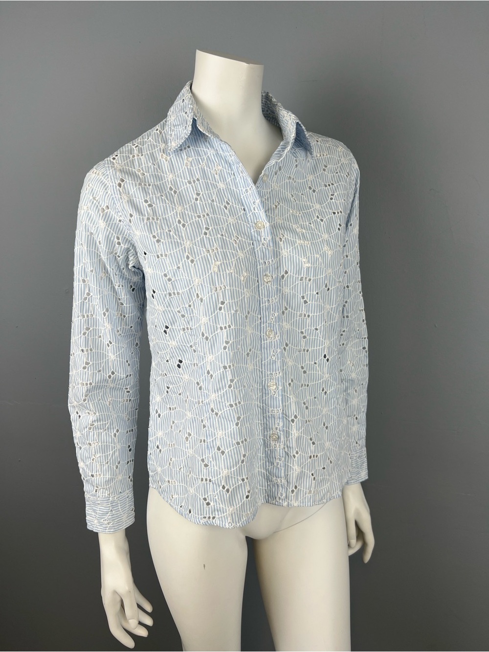 TABI 55% Cotton Light Blue Floral Eyelet Button-Down Shirt - Women